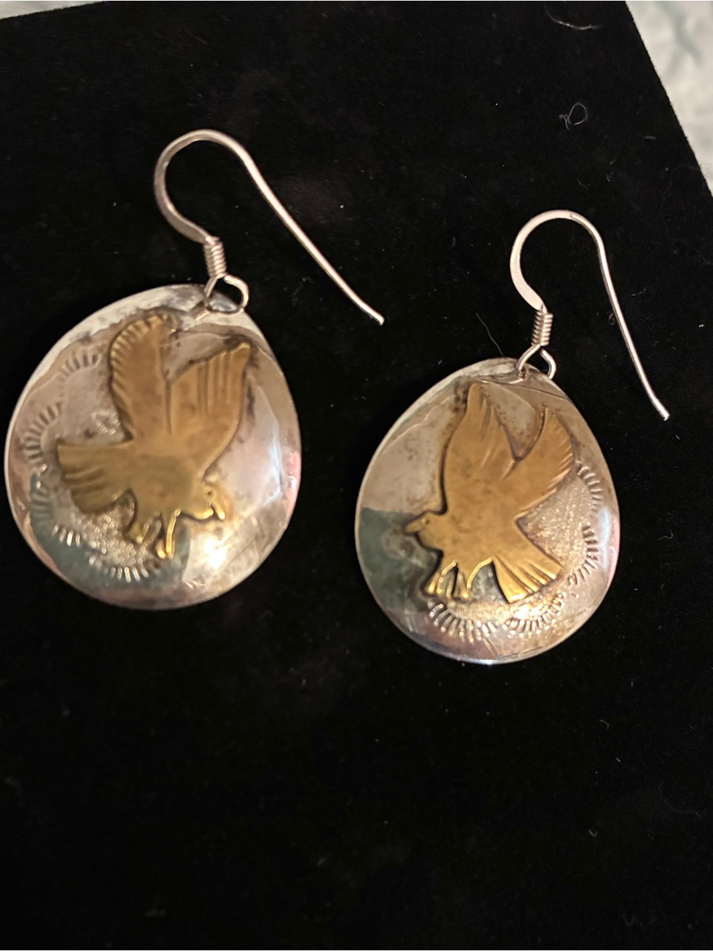 Native American Sterling and Gold Eagle Earrings Signed